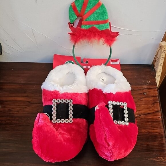 NWT plush stuffed Santa Christmas X-mas slippers & headband festive Size 7/8 - Picture 13 of 14